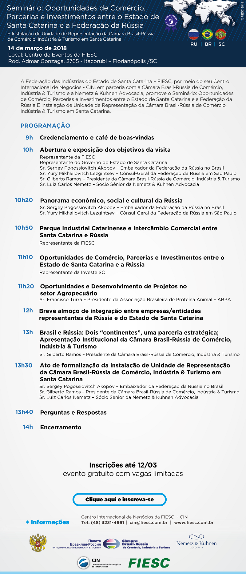 Seminário: Oportunidades de Comércio, Parcerias e Investimentos entre o Estado de Santa Catarina e a Federação da Rúsia