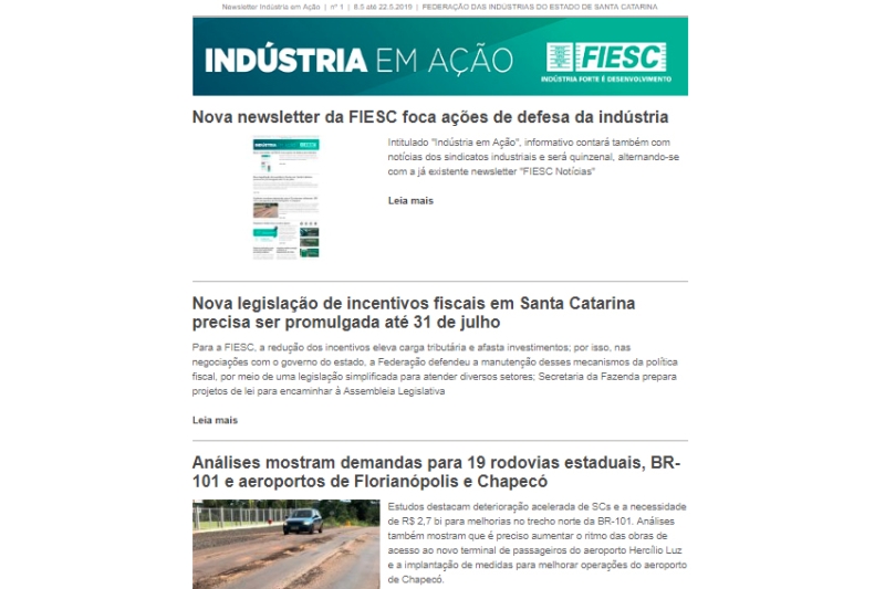 FIESC lança newsletter com foco nas ações de defesa da indústria