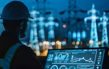 Técnico e torres de transmissão de energia.