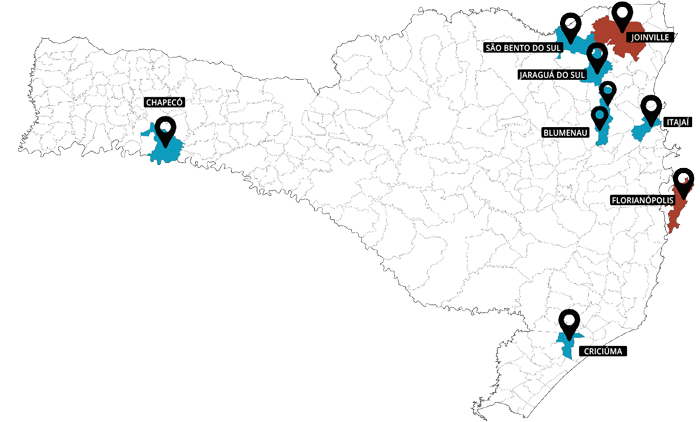 Mapa de Santa Catarina com a localização dos Institutos SENAI de Inovação e Instituto SENAI de Tecnologia