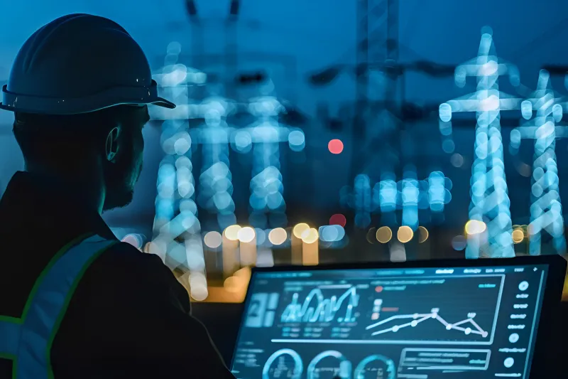 Técnico e torres de transmissão de energia.