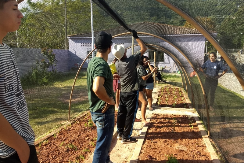 Estrutura da horta foi feira em junho com a ajuda de voluntários. Foto: Divulgação/SESI