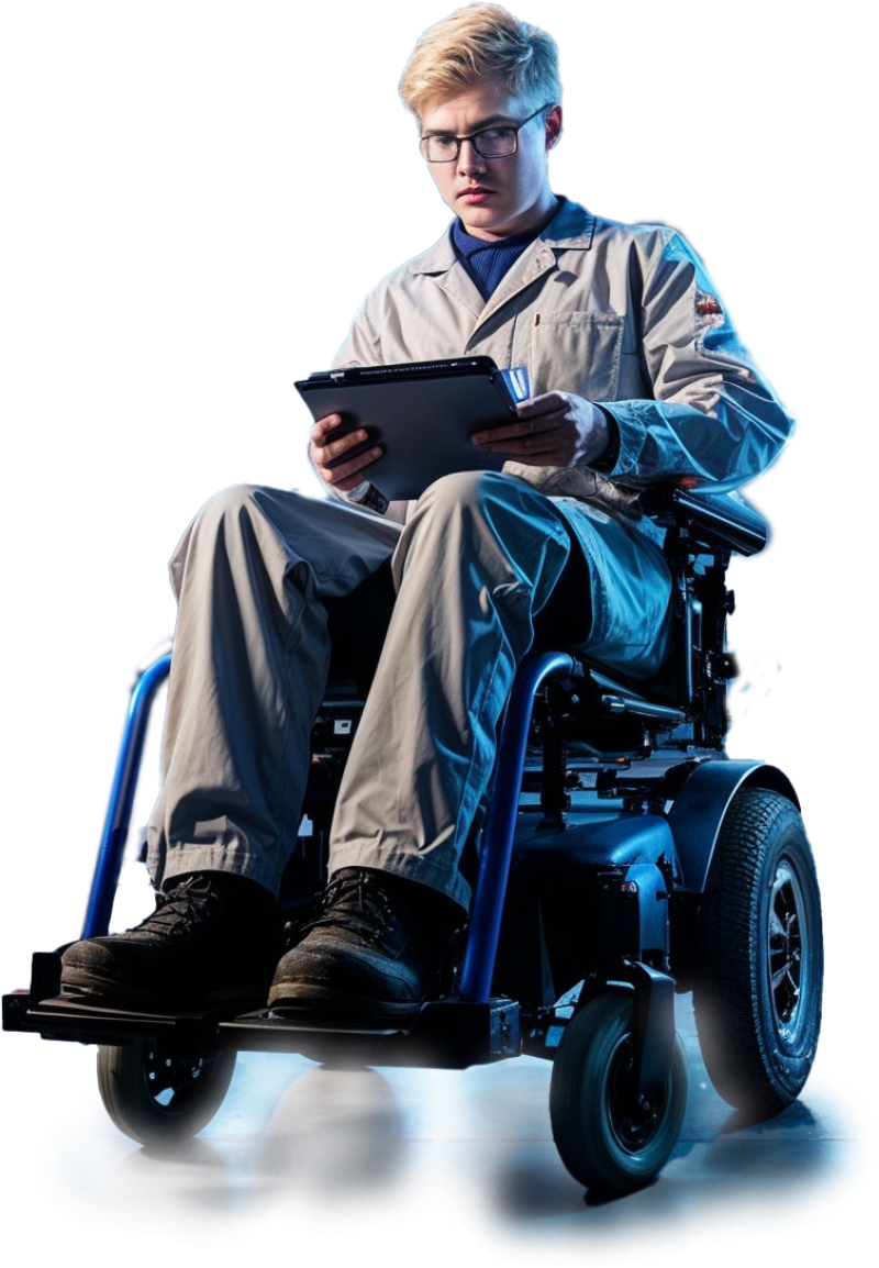 Imagem com fundo em tons vibrantes de azul e laranja que remetem a um ambiente industrial futurista. Ao centro, há um homem branco com cabelos loiros curtos, usando óculos e camisa azul clara, sentado em uma cadeira de rodas motorizada. Ele segura um tablet no colo e olha diretamente para frente.